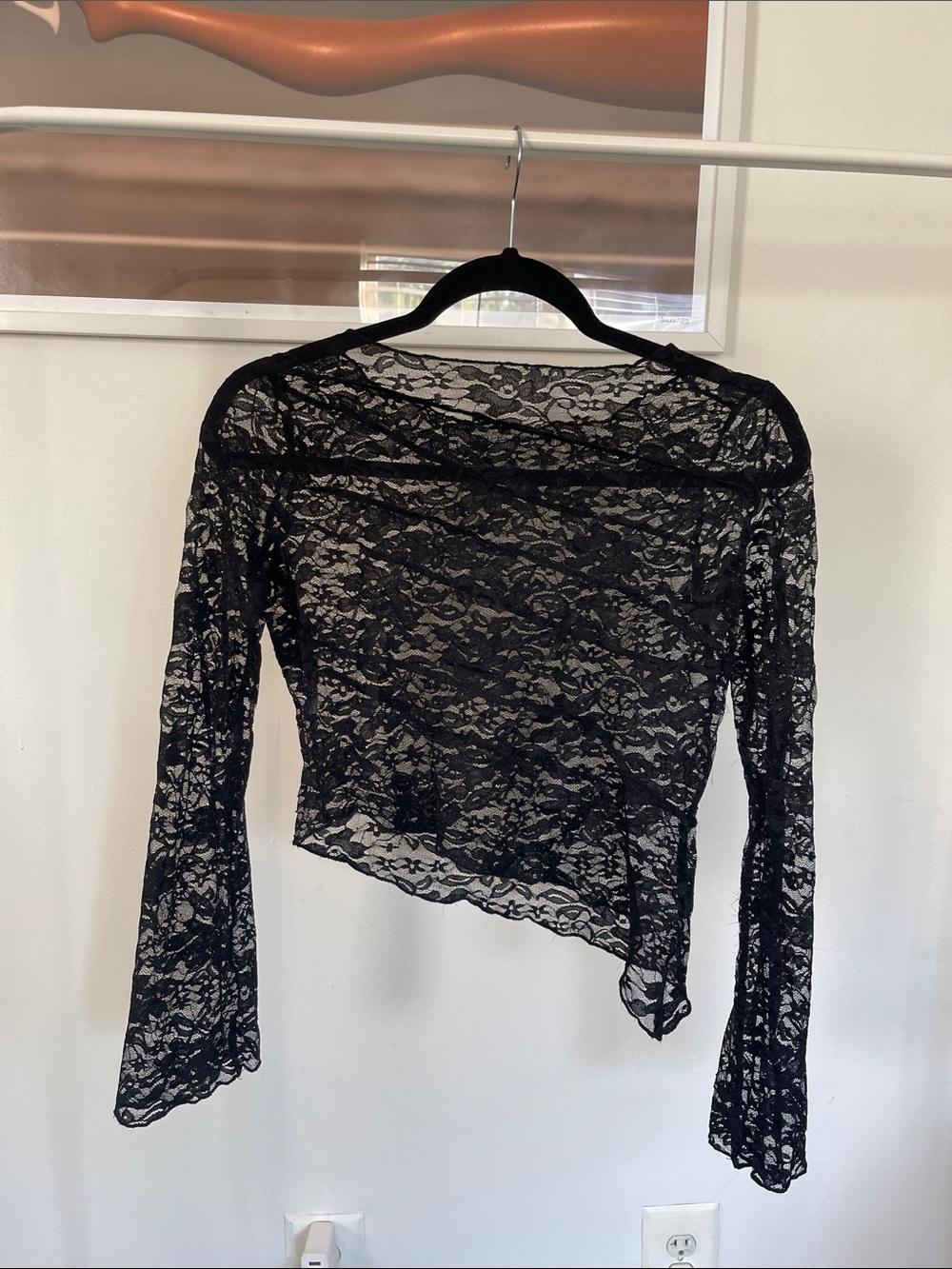 Women's Black Lace Long-Sleeve Sheer Blouse